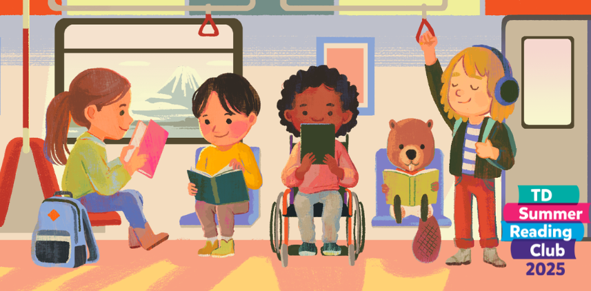 Several children and a beaver read while sitting on a train. One child with headphones stands while looking relaxed.