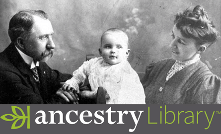a black and white family photo and ancestry library logo