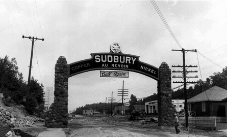 black and white photo of Sudbury city sign 
