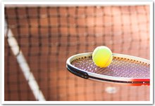 A tennic racquet and a tennis ball.