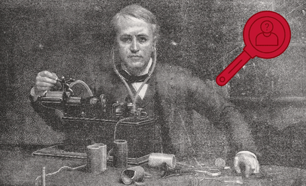 drawing of Thomas Edison with a phonograph. an icon of a magnifying glass on a person.