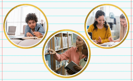 writing paper background. scenes of librarian helping a kid. another, of children studying.