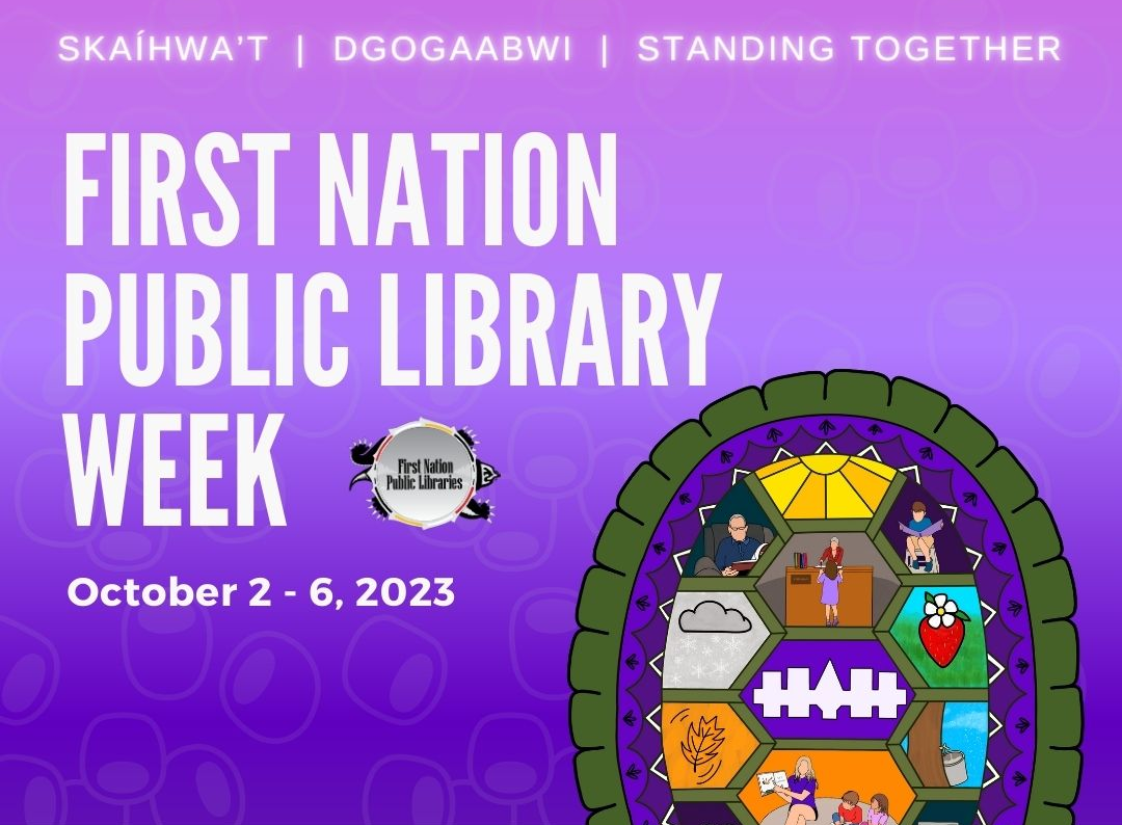 SKAÍHWA’T - Mohawk - the concept of consensus on one matter, standing together DGOGAABWI -Anishinaabemowin - stand with others, participate with others STANDING TOGETHER - English. First Nation Public Library Week. October 2 - 6, 2023.