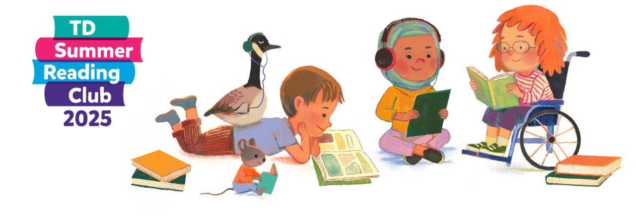 TD Summer Reading Club logo. Three diverse children reading along with a goose wearing headphones and a mouse with a book.
