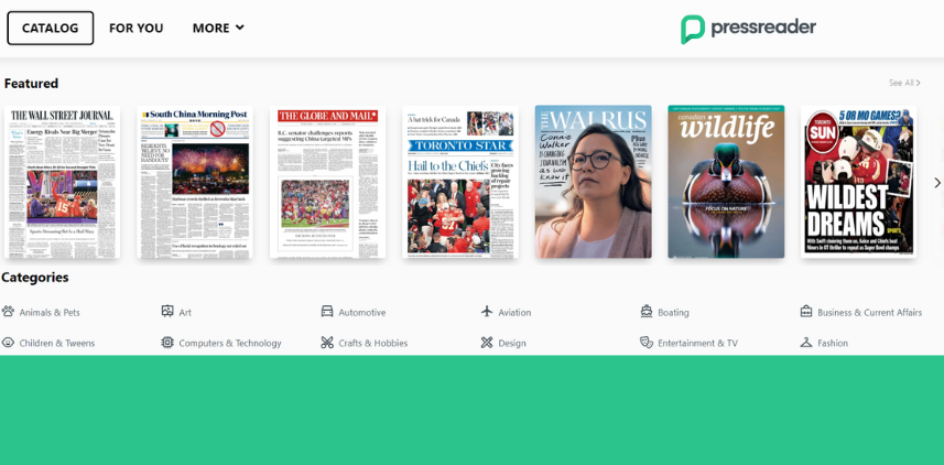 Visual of the PressReader platform on a browser. Featured titles and searchable categories with icons.
