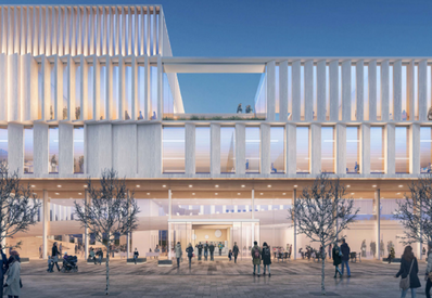library building with people entering