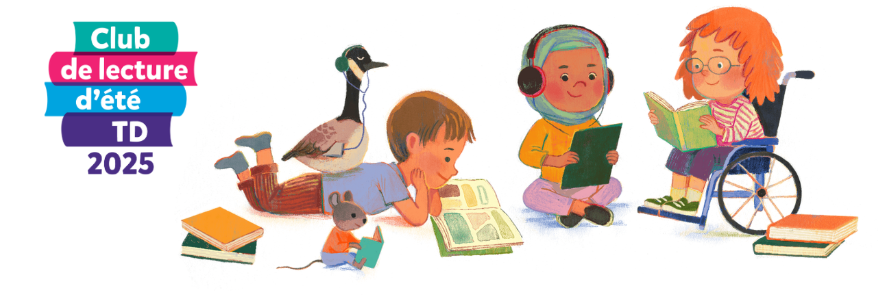 Logo du Club de lecture d'été de la Banque TD. Trois enfants d'origines diverses lisent en compagnie d'une oie portant des écouteurs et d'une souris avec un livre.