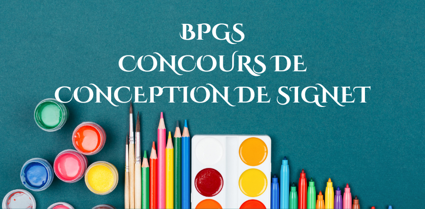 Fond sarcelle avec outils de peinture et les mots : BPGS concours de conception de signet
