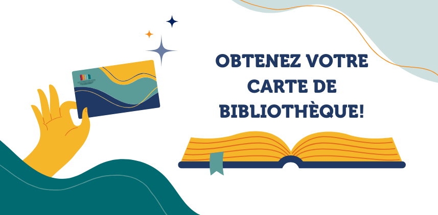 Main tenant une carte de bibliothèque avec un livre ouvert à côté